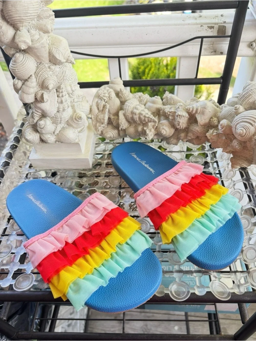 Hanna Andersson Blue Slide Sandals with Rainbow Ruffle Straps